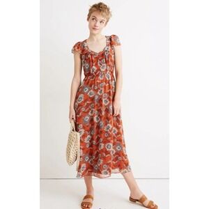 Madewell Women Gathered Blooms Floral Sheer Sleeve Button Down Midi Dress Size 0